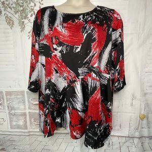 Avenue Womens Black Red White 3/4 Sleeves Asymmetrical Hem Top Blouse Plus 26 28